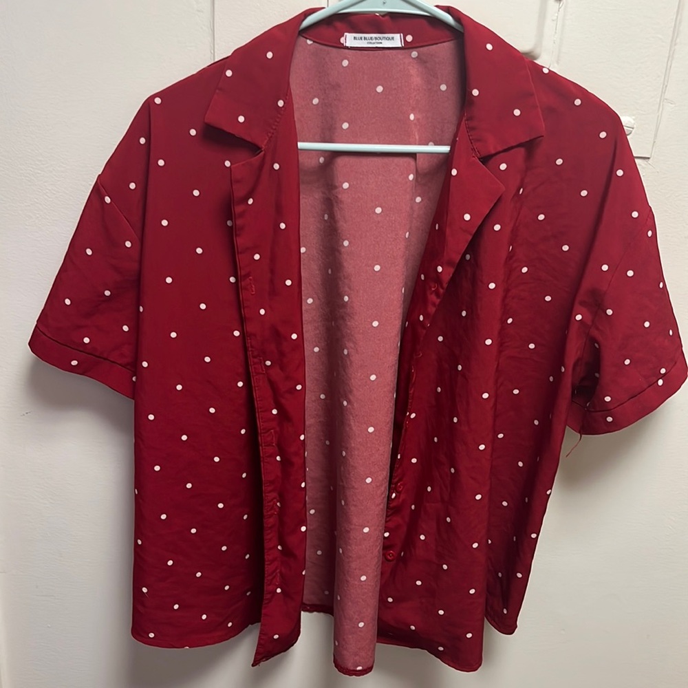 Red Polka Dot Short Sleeve Button Up